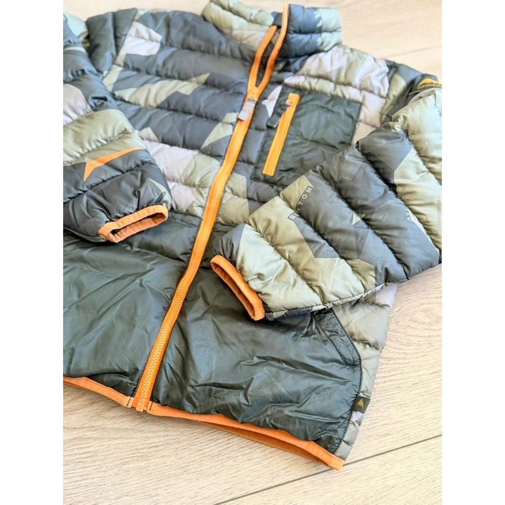 Burton Kids Geometric Camo Puffer Jacket Green Orange Zip Size S 7/8